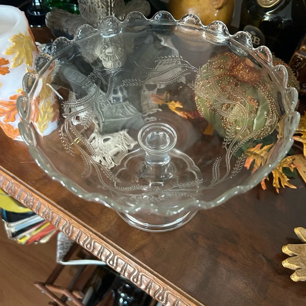 Antique Engraved Glass Footed Compote